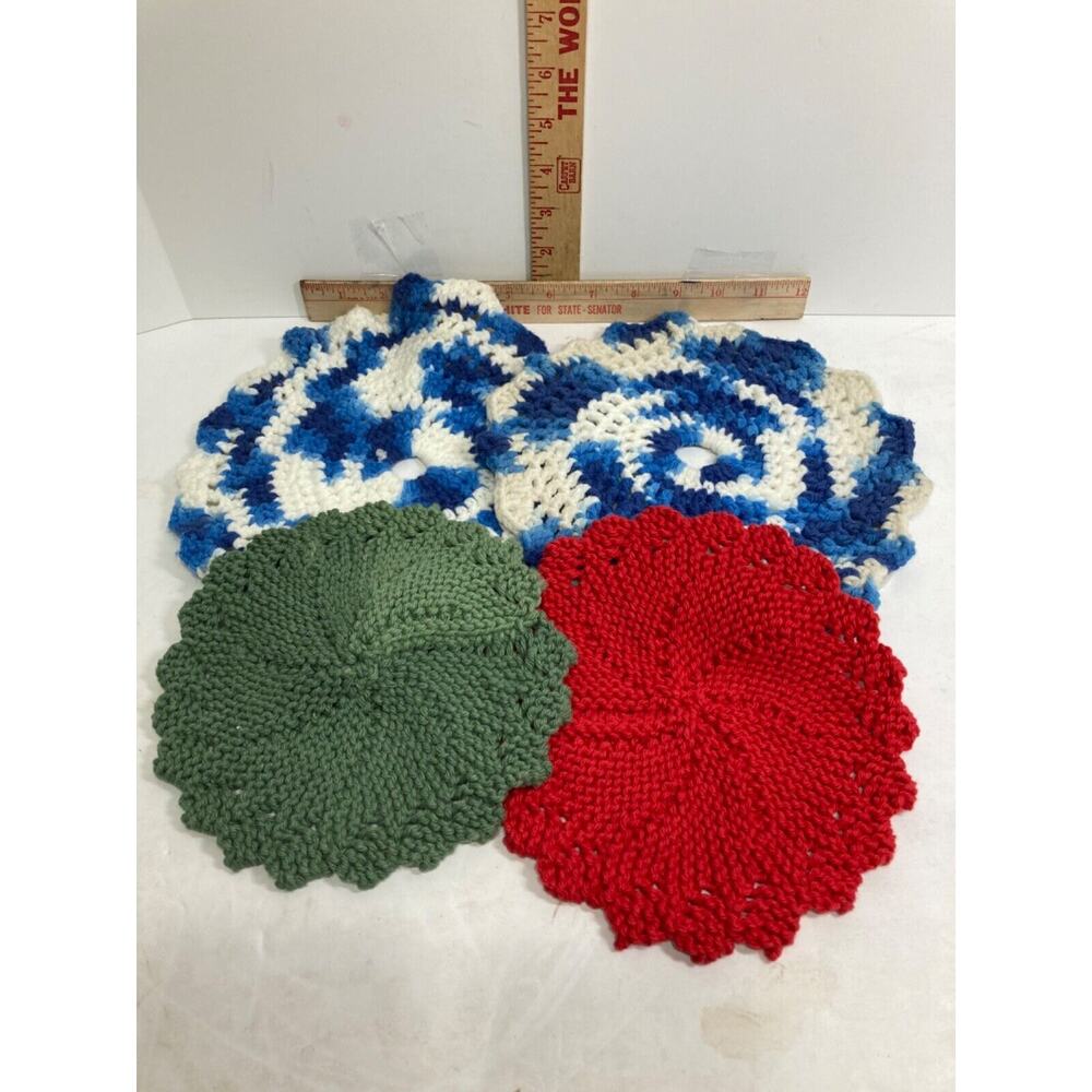 4 Vintage Handmade Knit Crochet Pot Holder Hot Pad Trivet Circular One Layer